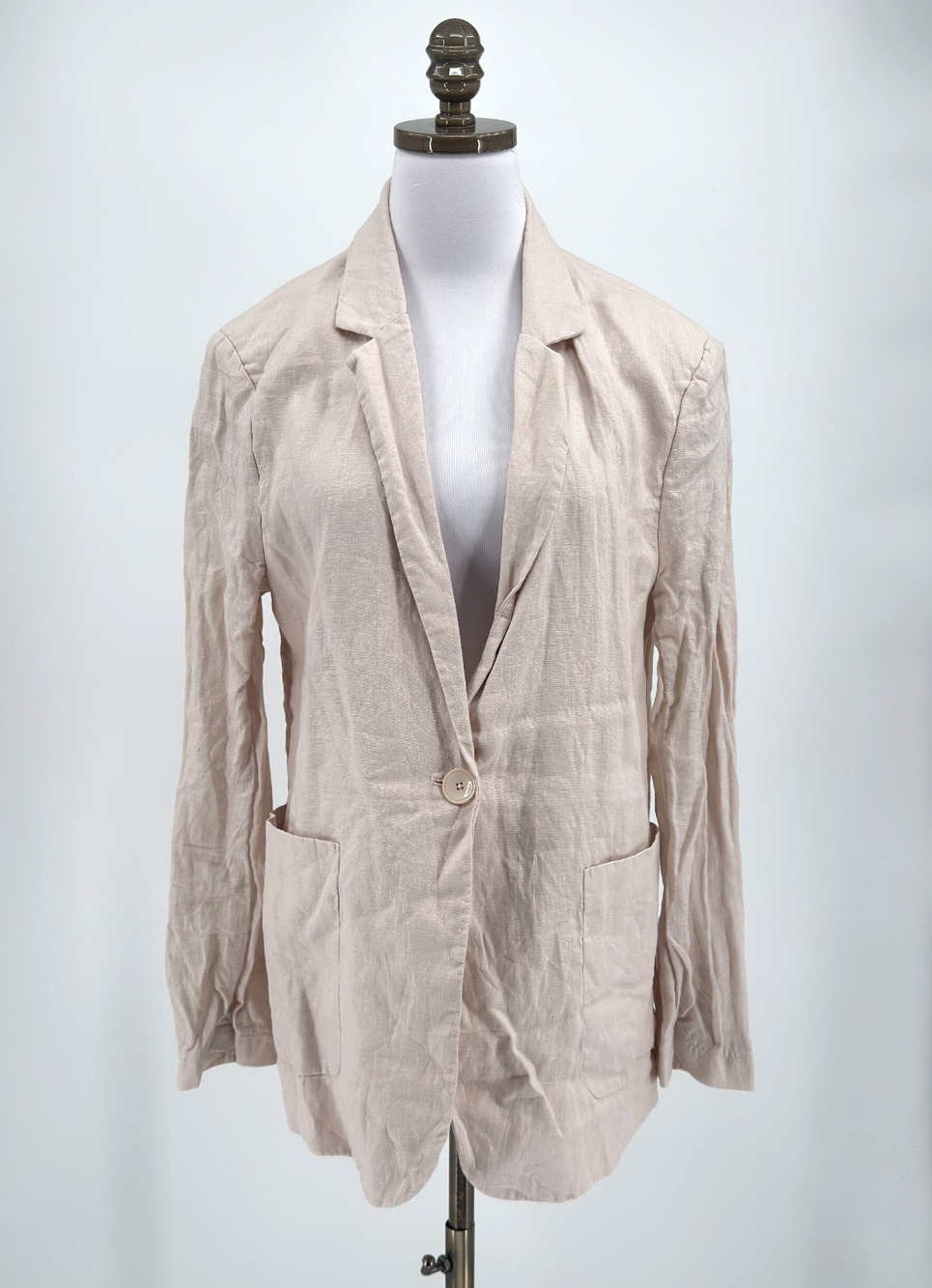 Sundays by We Are Sundays Beige Linen Collared Long Sleeve Boyfriend Blazer Sz S